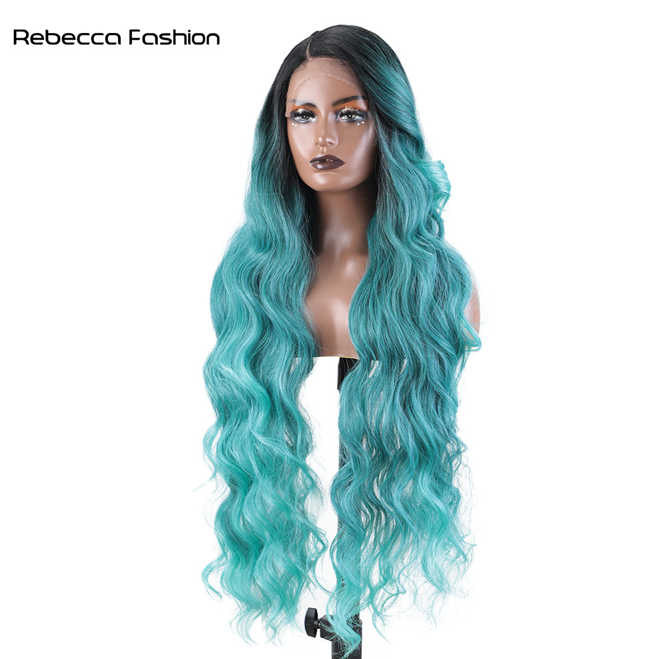 Recebba Fashion Synthetic Long 36 Inch Cosplay Body Wavy Side Part For Women Lace Front Ombre Blonde Wig