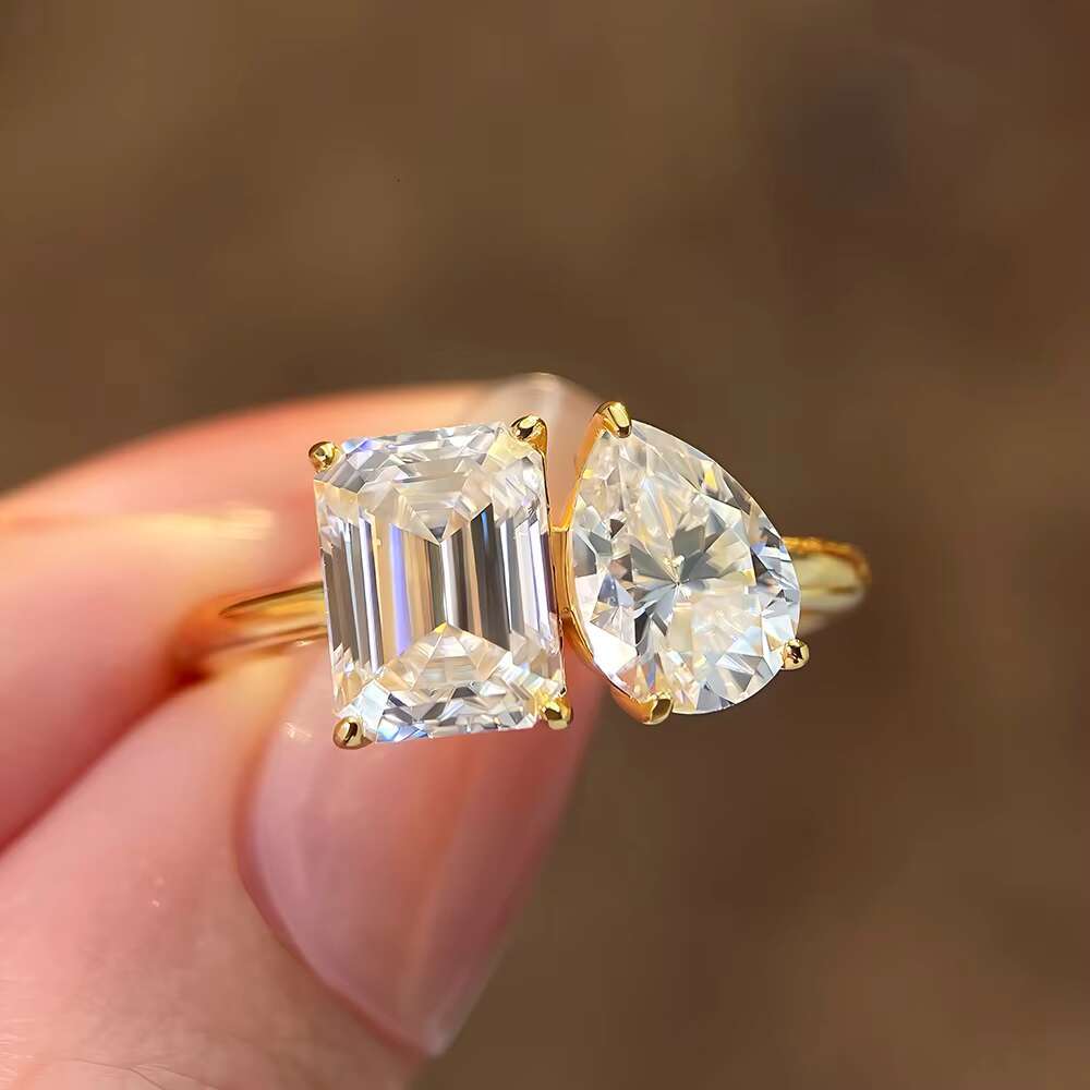 925 Sterling Silver GRA VVS Moissanite Engagement Ring for Women Pear and Princess Cut Toi Et Moi Ring