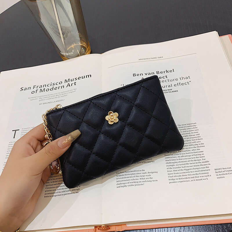 small Wallet for Women, Short and Thin, New Driving License Key Holder Card Clip, Camellia Quilted Zipper Coin Purse