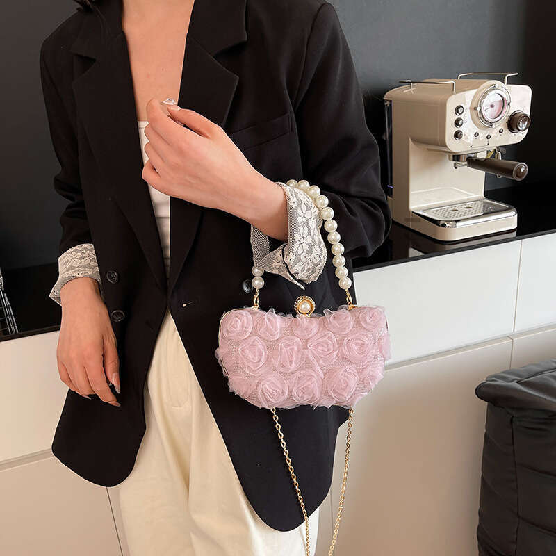 Sweet Chiffon Floral Evening Handbag Box for Women 2025 New Pearl New Chain Lock Single Shoulder Crossbody Bag