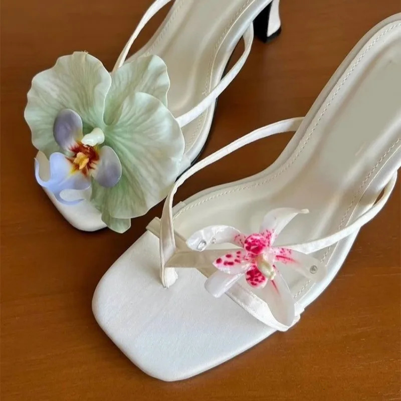 Moth Orchid Flip Flops Slippers Satin Asymmetric Square Toe Slip On Thin Heels Sandals Womens Elegant Outdoor Dress Shoes 250612