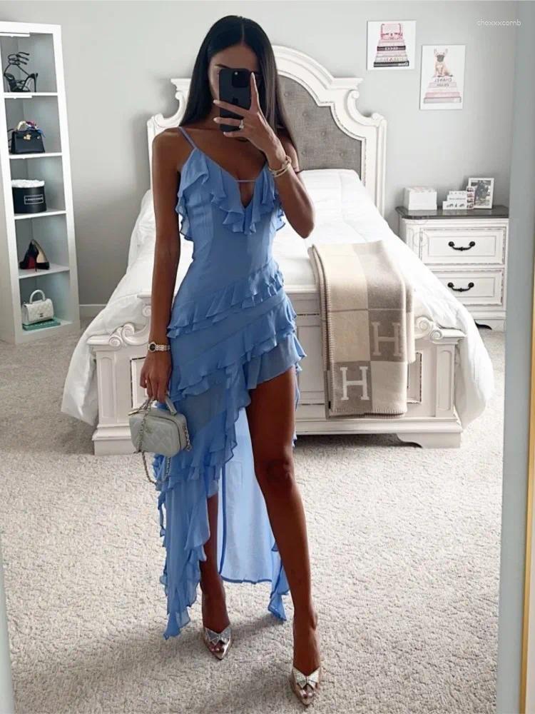 Elegant V-Neck Ruffle Dress: Solid Color Sleeveless Split Dress for Beach Holiday Ladies C260312