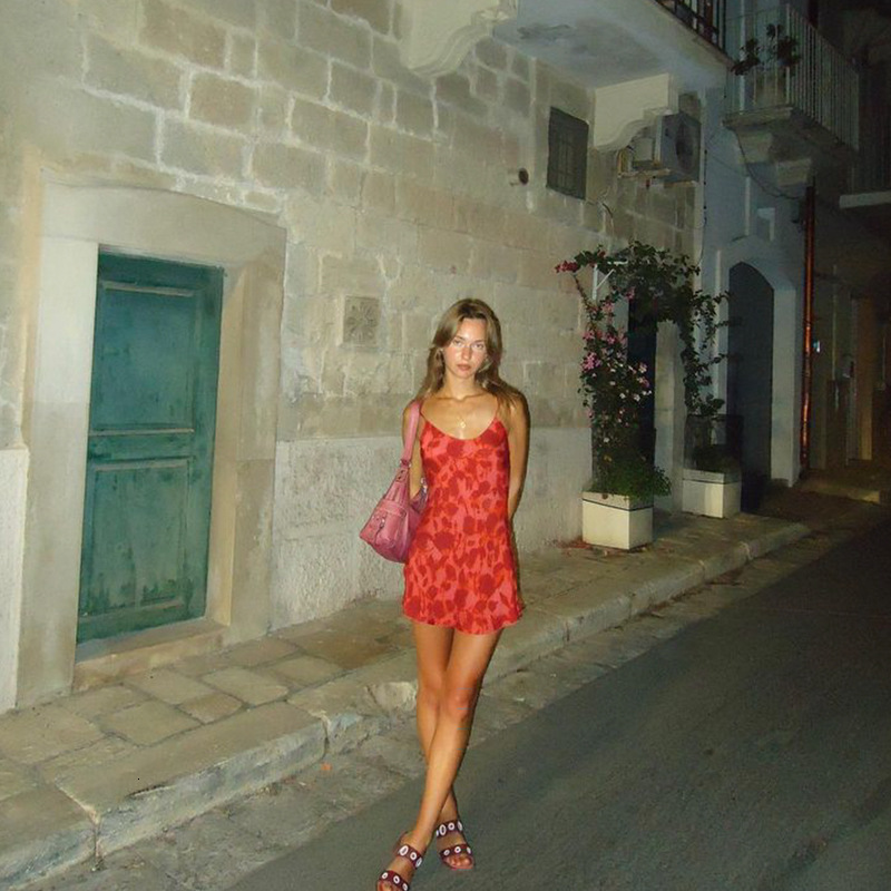 Rose Red Print Puff Short Sleeve Jacquard Mini Dress Fashion Square Neck Backless Hollow Out Slim Dresses Summer Party Vestidos 240921