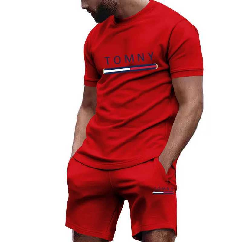Outdoor Trendy Mens Suit Simple Letter Rose Patchwork Color Round Neck Short Sleeve Shorts Comfortable and breathable material W250613