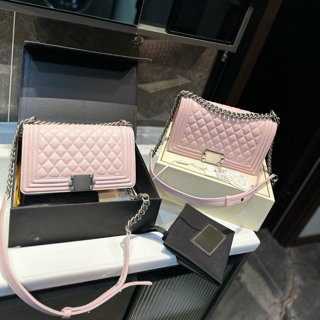 Classic Quilted Le Boy Flap caviar Sheepskin Shoulder Crossbody Bags Silver Hardware Chain Bag Women Square Handbags wallets Outdoor Sacoche Purses 25CM