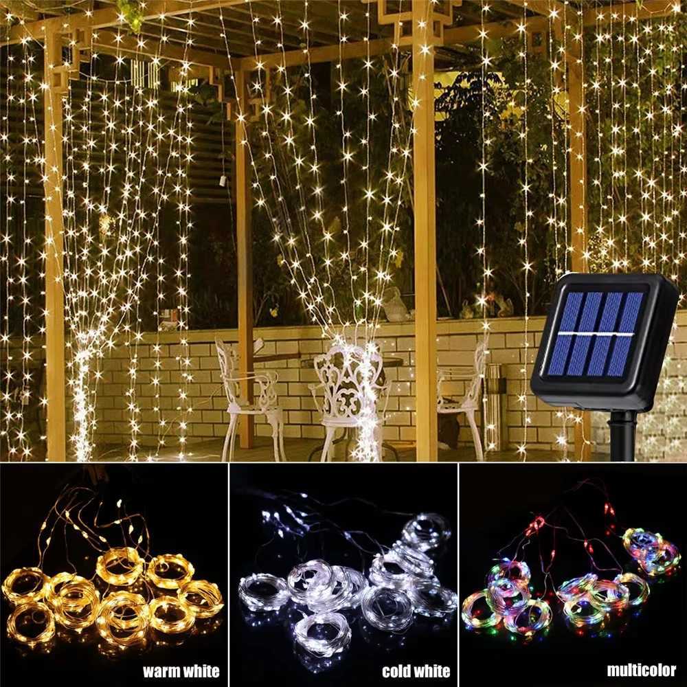 Solar Curtain Lights LED Solar Outdoor Waterproof Fairy lights With 8 Modes For Bedroom Window Patio Wedding Holiday Decorative XJ250612