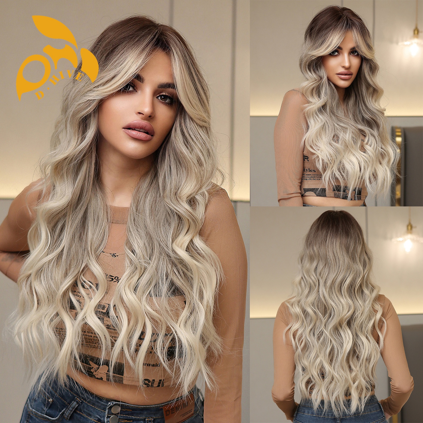 Free shipping Hair Wigs for womans wigs human hair large wave bang long curly hairfull head set women's wig color Dark brown pink Brown highlight