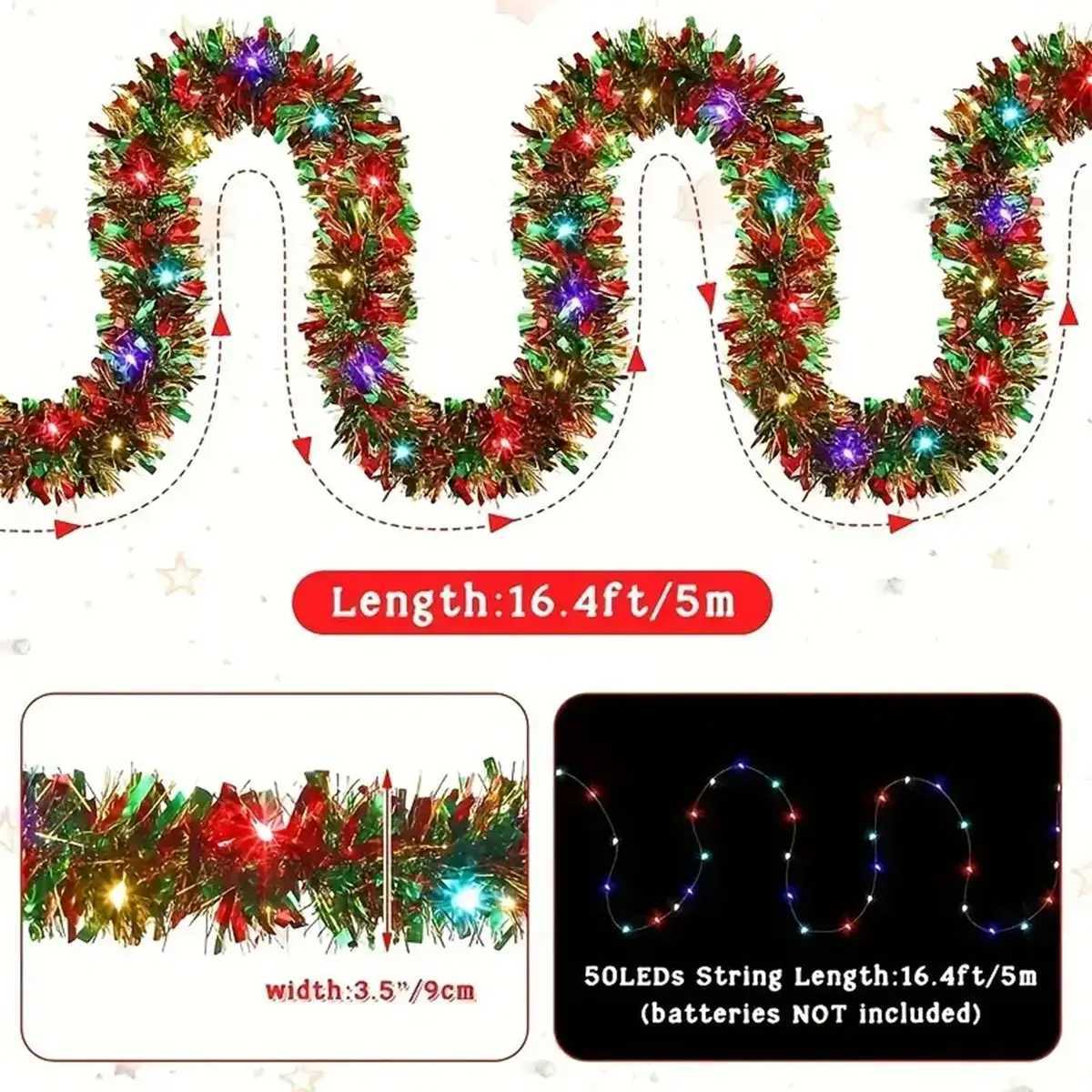 1pc Christmas Tinsel Garland Metallic Shiny Garland With LED Lights Christmas Tree Garland Thick Hanging Suitable For Home Decor XJ250612