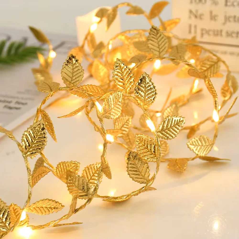 1Pcs 5M 50LED Golden Tiny Leaves Fairy Light Battery Powered LED Copper Wire String Lights For Wedding Home Party DIY Xmas Decor XJ250612