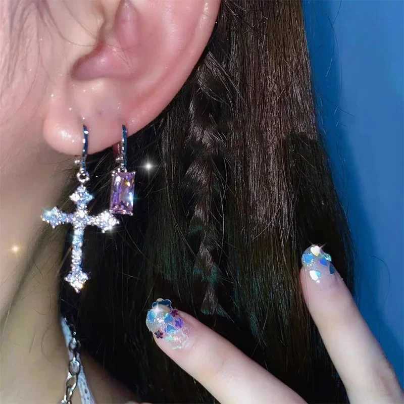 Y2K Gothic Rhinestone Cross Earrings Kpop Shiny Zircon Cross Drop Earring for Women Grunge Egirl Earrings Jewelry Accessories XJ250612