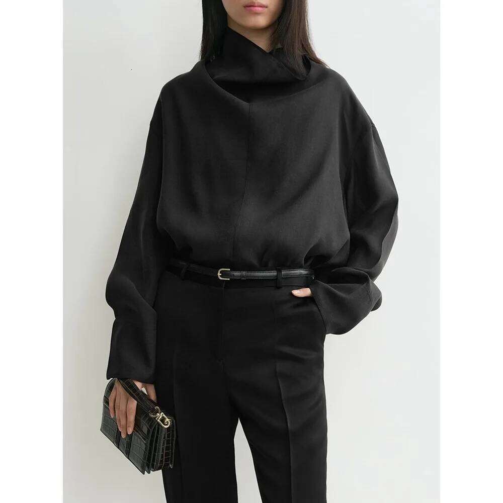 Early Spring 2025 New Women's Funnel Collar Shirt Loose Organza Long Sleeve T-Shirt See-Through Tops