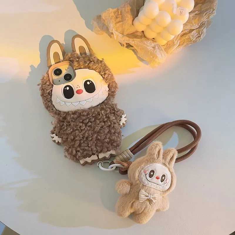 Kaii Brown Curly Hair Labubu iPhone Soft Silicone Anime Shockproof Bring A Hanging Rope Doll Case for 13 14 15 16 Pro Max Free shipping