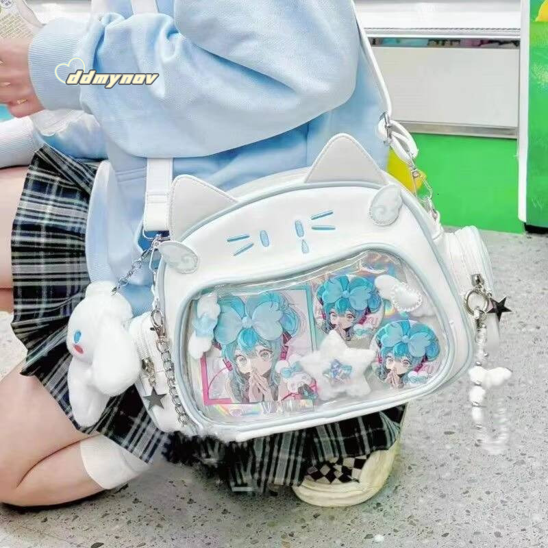 New Y2K Korean Kawaii Cat Ita Cute PU Shoulder Girls Transparent Pocket Harajuku Crossbody Bag Women's Fashion Backpacks ddmynov