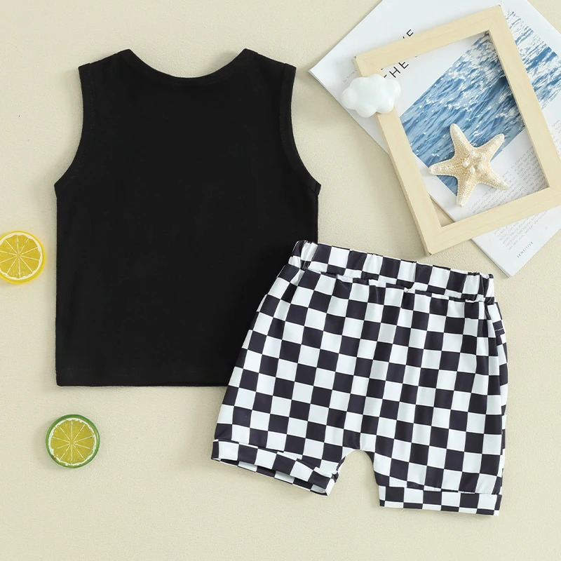 Lioraitiin Toddler Boys Summer Outfits Letter Car Print Sleeveless Tank Tops and Checkerboard Elastic Waist Shorts Clothes Set 250613