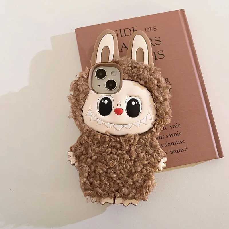 Kaii Brown Curly Hair Labubu iPhone Soft Silicone Anime Shockproof Bring A Hanging Rope Doll Case for 13 14 15 16 Pro Max Free shipping