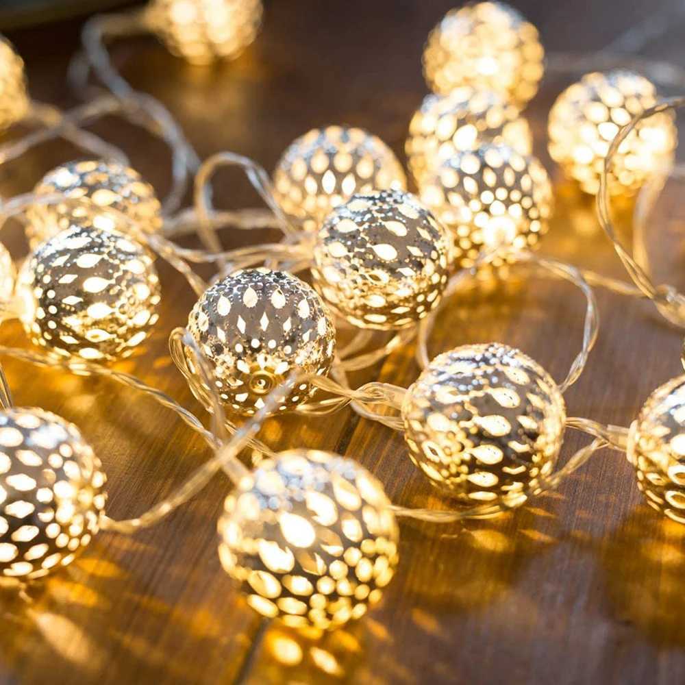 10/20LED Moroccan String Lights Battery Operated Indoor Silver Globe Garland Fairy Lights Holiday Wedding Christmas Party DecorXJ250612