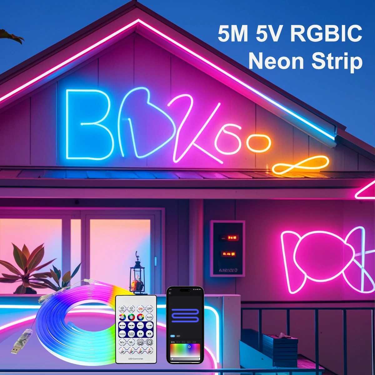 RGBIC Smart WIFI Neon LED Strip Lights with Chase Effects Alexa/Google Voice Control USB Neon Rope Light for Home Party Decor XJ250612