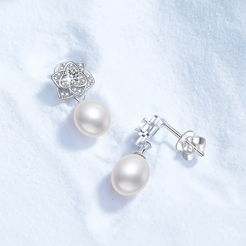 Moissanite Stud Earrings S925 Sterling Silver with Natural Freshwater Pearls, Camellia Flower Design, High-End Fashion Earrings for Women, Wholesale