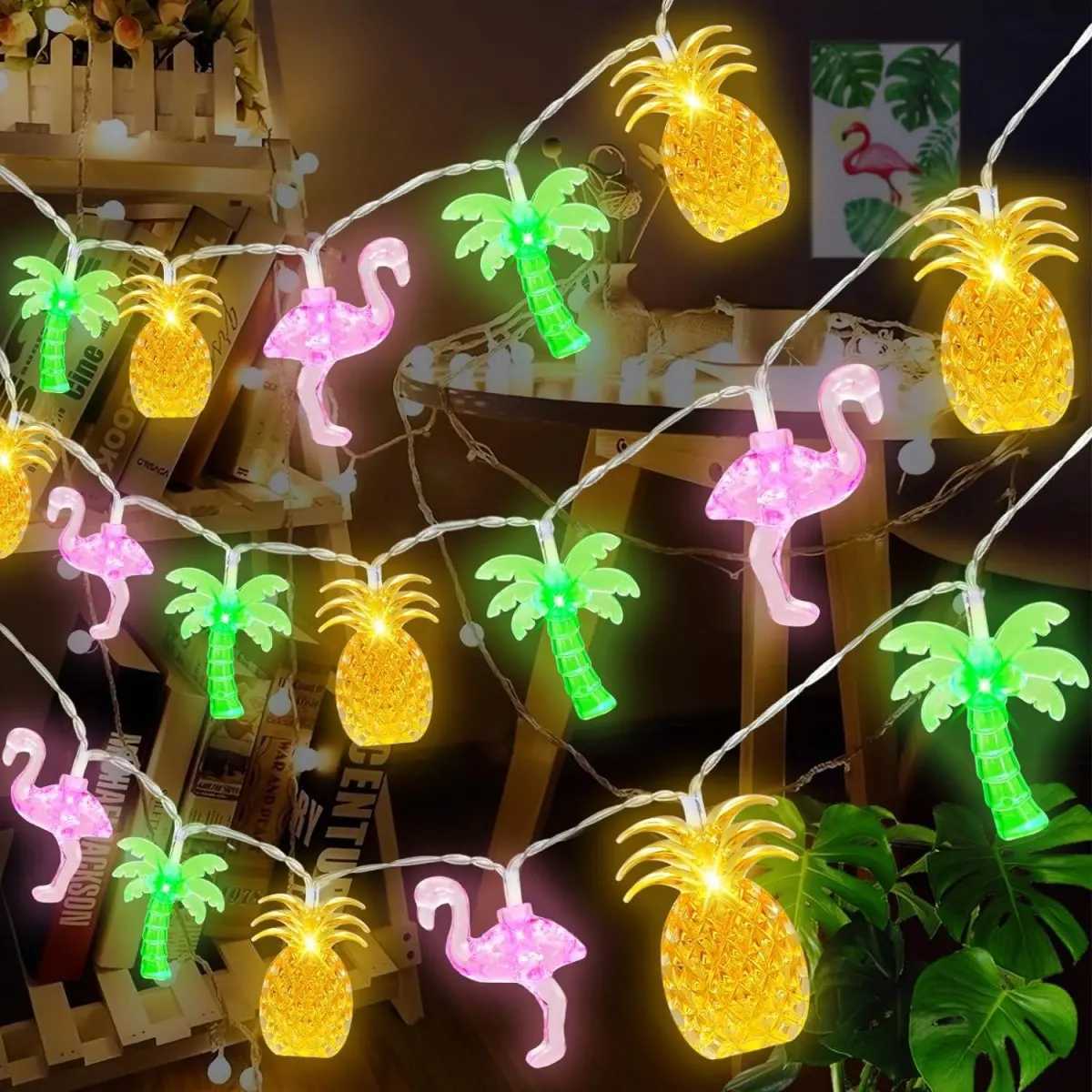 1PC 10/20 LED Flamingo Pineapple Palm Tree String Lights Battery Operated Tropical Beach Hawaiian Fairy Atmosphere Lights XJ250612
