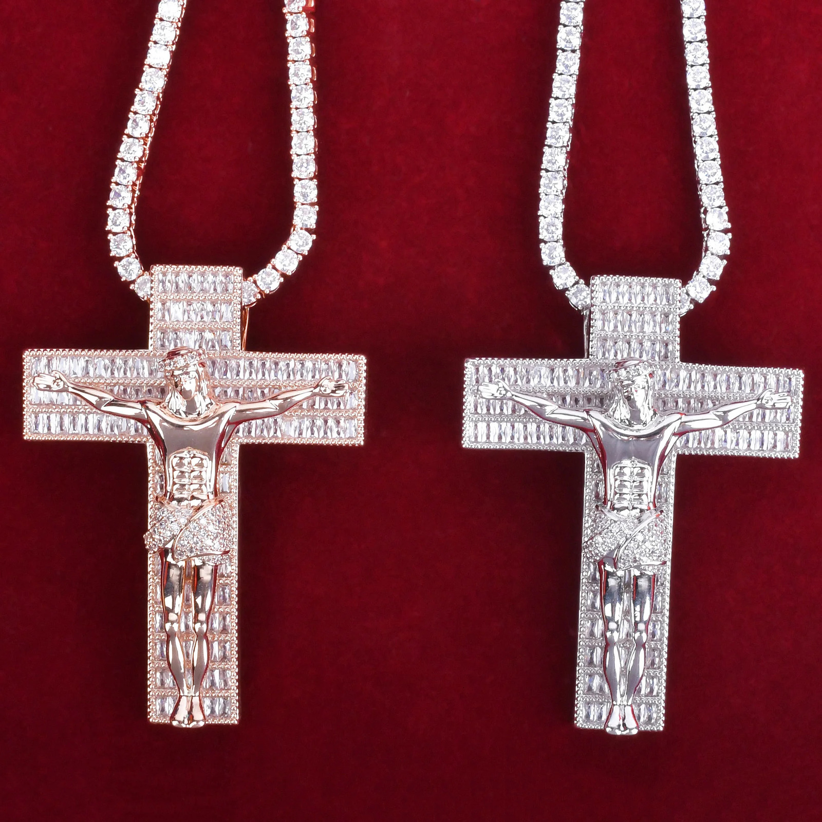 Baguette Cross Pendant for Male with Jesus Necklace AA Cubic Zirconia Hip Hop Rock Jewelry 250609