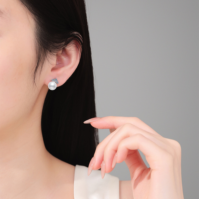 S925 Sterling Silver Earrings, Princess Style Near-Round Freshwater Pearl Studs, Women's Moissanite Earrings, Fashion High-End Stud Earrings