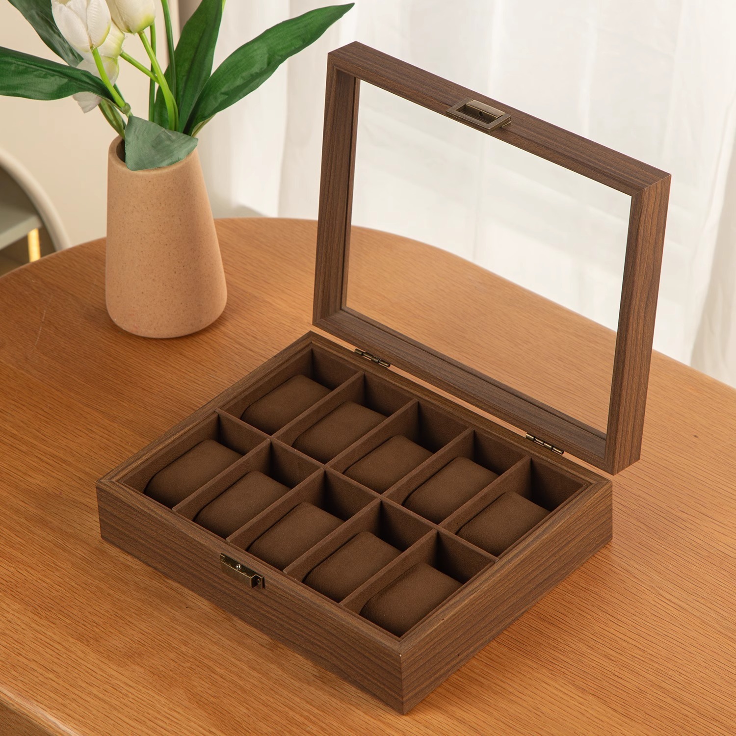 SONGMICS 12-Slot Wood Watch Box - Watch Case Watch Box Organizer With Large Glass Lid Watch Display Case With Removable Pil 250120