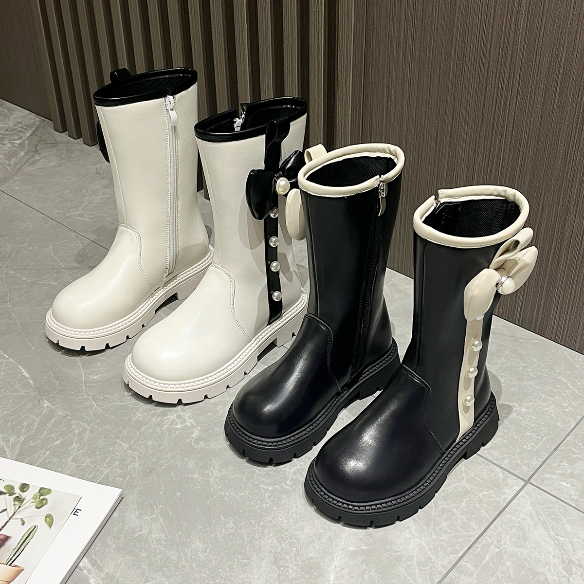 High-heeled boots with bow ties, fashionable princess boots