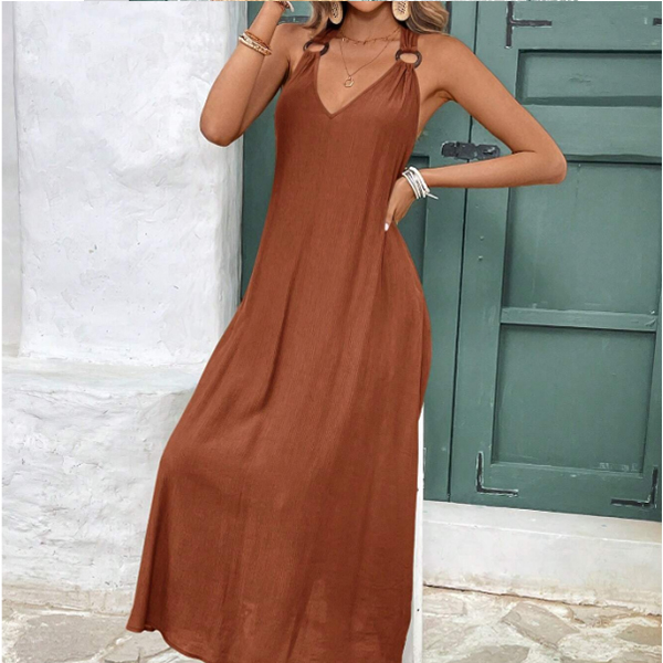 Basic casual dress; V-neck with shoulder straps long dress; women's summer bohemian sleeveless dress for beach travel party wear