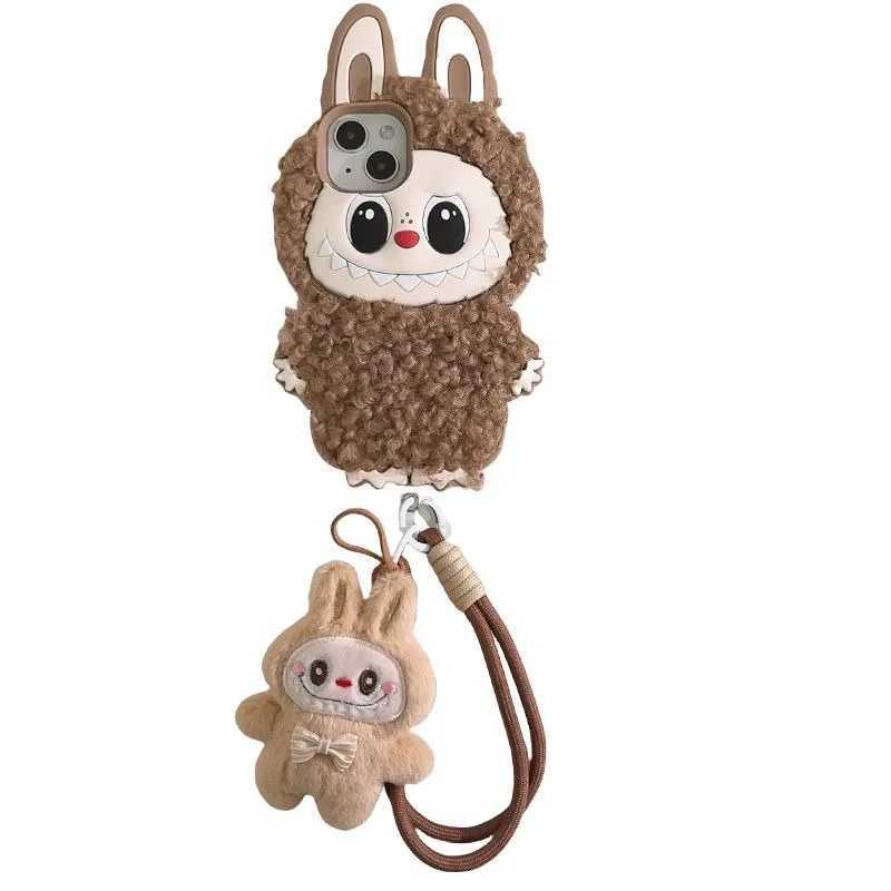 Kaii Brown Curly Hair Labubu iPhone Soft Silicone Anime Shockproof Bring A Hanging Rope Doll Case for 13 14 15 16 Pro Max Free shipping