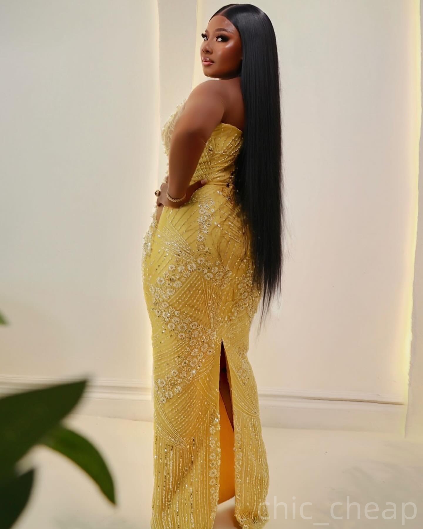 Yellow Sheath Prom Dresses 2025 Illusion Pearls Sequined Evening Formal Party Second Birthday Engagement Gowns Plus Size Dress For Special Occasions
