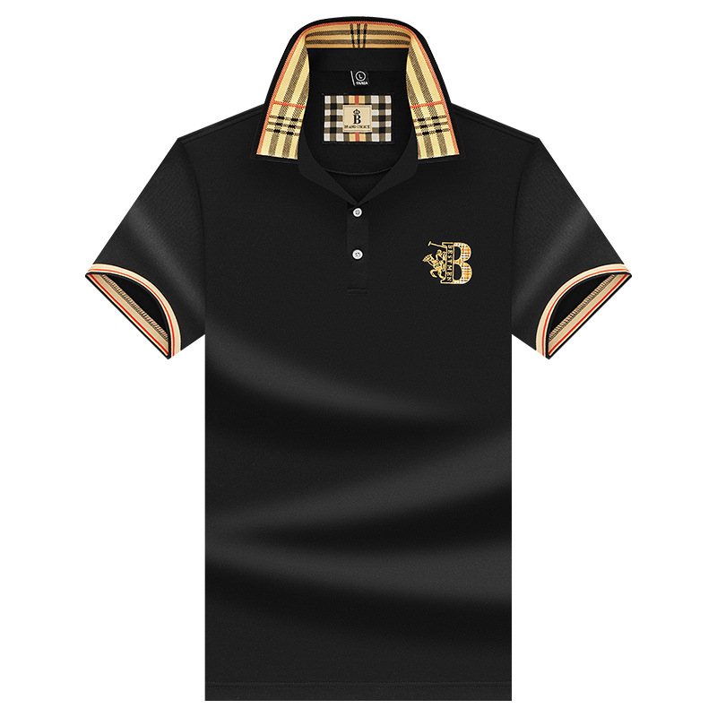New embroidered solid-color checkered short-sleeved T-shirt for men's summer fashion business polo shirt