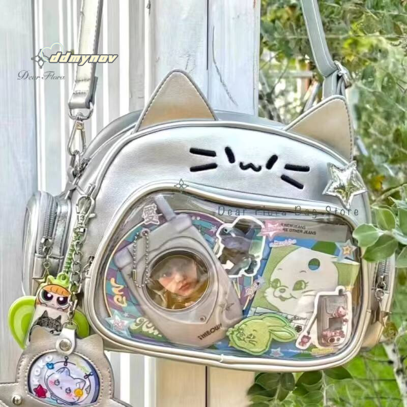 New Y2K Korean Kawaii Cat Ita Cute PU Shoulder Girls Transparent Pocket Harajuku Crossbody Bag Women's Fashion Backpacks ddmynov