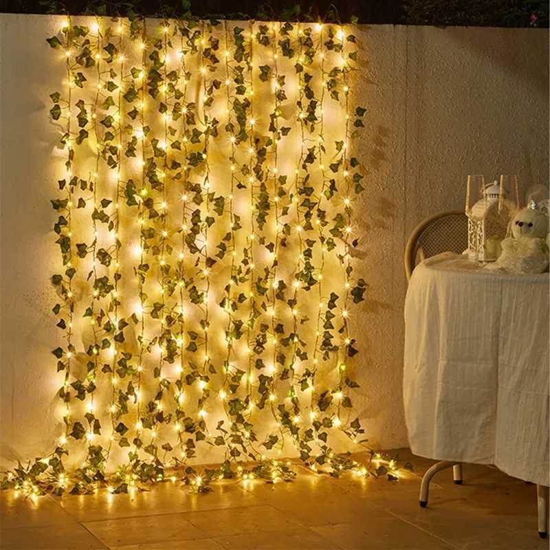 Flower Green Leaf String Lights Artificial Vine Fairy Lights Battery Powered Christmas Tree Garland Light for Wedding Home Decor XJ250612