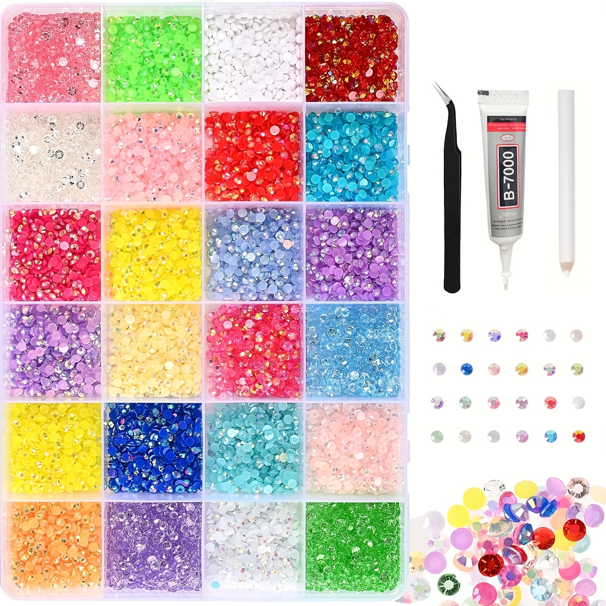 24000pcs 3mm Flat-Bottomed Resin Rhinestones with 24-Grid Storage Box - Ideal for Nail Art, Clothes, Masks, Cups & DIY Jewelry