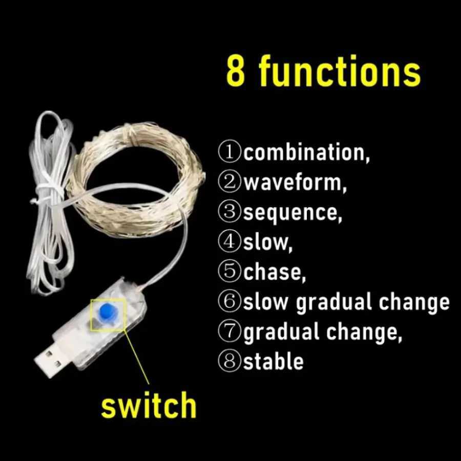 LED Fairy Lights USB Power String Lights Christmas Garland For New Year Wedding Party Tree Garden Terrace Decoration 8 Function XJ250612