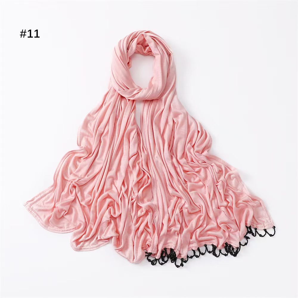 T954 new pure color skin-friendly elastic handmade hanging beads ladies headscarf monochrome mercerized cotton versatile scarf