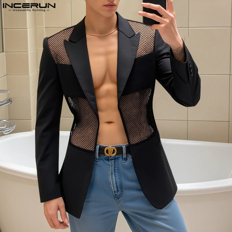 Fashion Sexy Style Tops INCERUN Handsome Men Mesh Hollow Splicing Suit Male Long Sleeved Cardigan Casual Blazers S5XL 250610