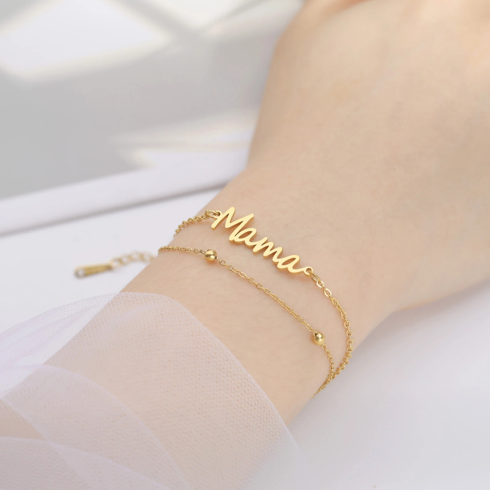 Letter Mama Charm Bracelet Men Women Stainless Steel Double Layer Beads Chain Bracelets Fashion Jewelry Mother Day Gift 250528