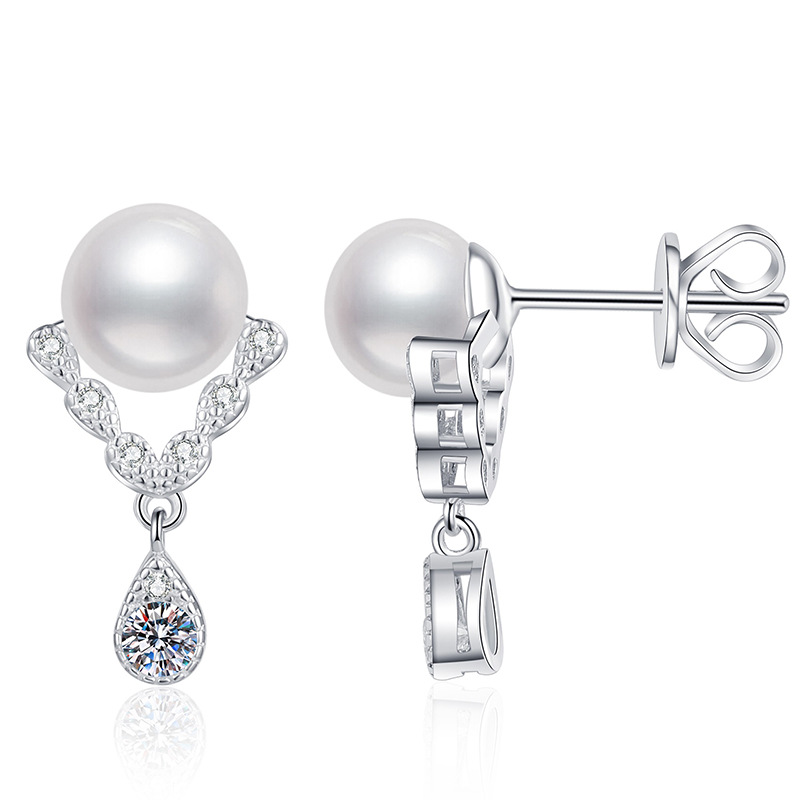 Moissanite Stud Earrings S925 Sterling Silver with Natural Freshwater Pearls, V-Shaped Elegant High-End Earrings for Women, Fashion Jewelry Wholesale