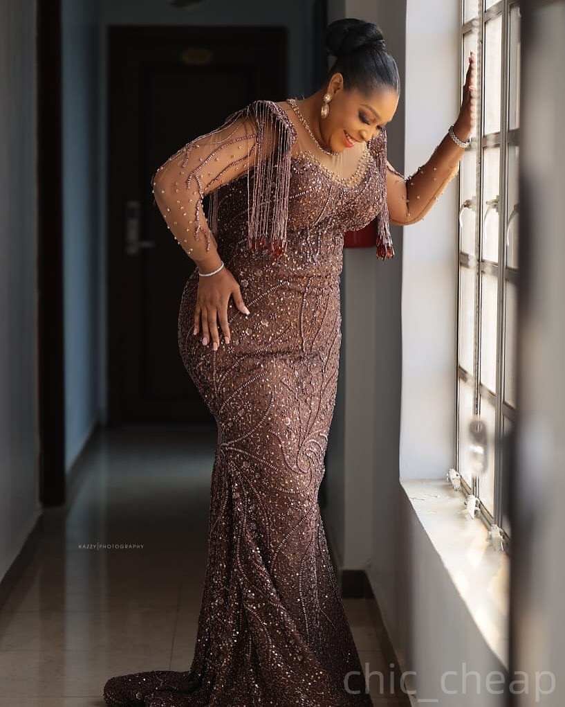 Chocolate Mermaid Prom Dresses 2025 Beaded Tassels Sequined Evening Formal Party Second Birthday Engagement Gowns Plus Size Dress For Special Occasion