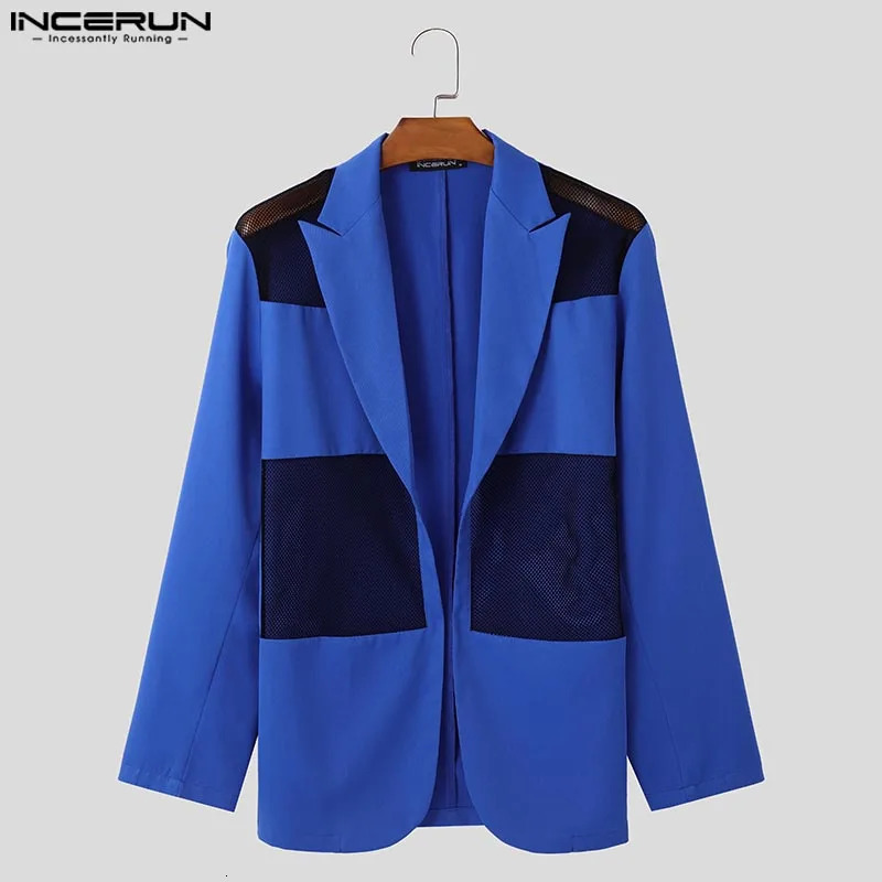 Fashion Sexy Style Tops INCERUN Handsome Men Mesh Hollow Splicing Suit Male Long Sleeved Cardigan Casual Blazers S5XL 250610