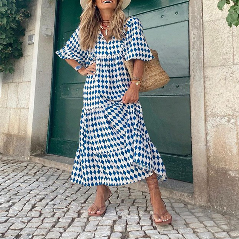 Women's Plus Size Long Bohemian Maxi Dress - Cotton V-Neck Loose Beach Dress, Casual Elegant Vestidos, Summer Flowy Robe