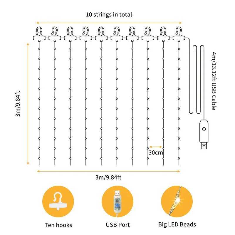 LED Copper Wire Curtain Lights USB Power Fairy Remote Garland LED Lights Christmas Decoration Garland Window Lighting Strings XJ250612