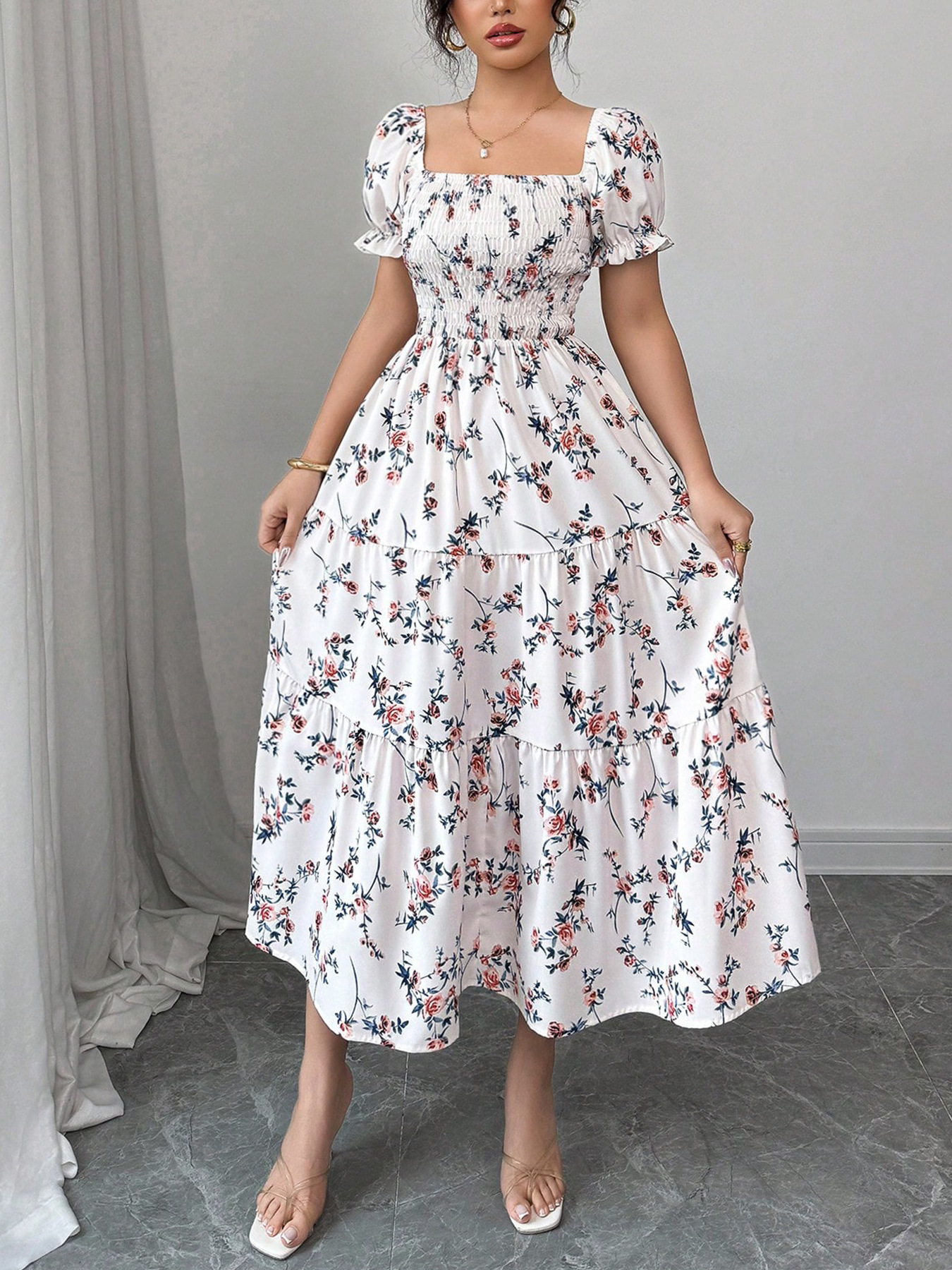 P612Ladies new French style puff sleeve floral print maxi dress