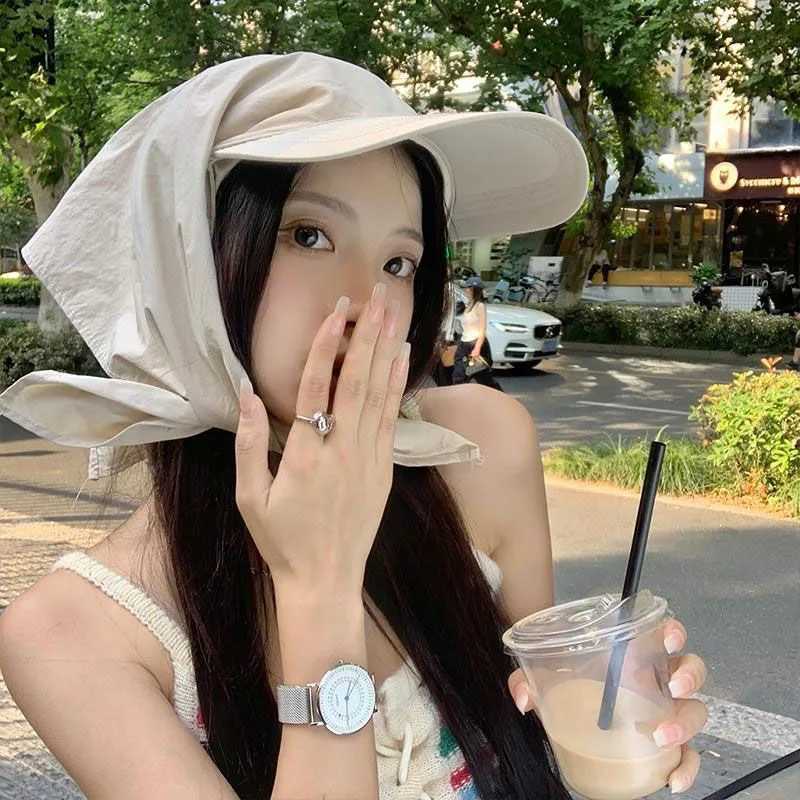 Summer Quick Drying Headscarf Hat Korean Women Outdoor Sun Protection Visors Y2K Girl Turban Headwear Large Brim Duckbill Cap U250613