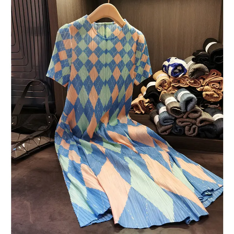 Elegant Loose Fit women dress diamond printed short sleeved commuter pleated printed dress long dress
