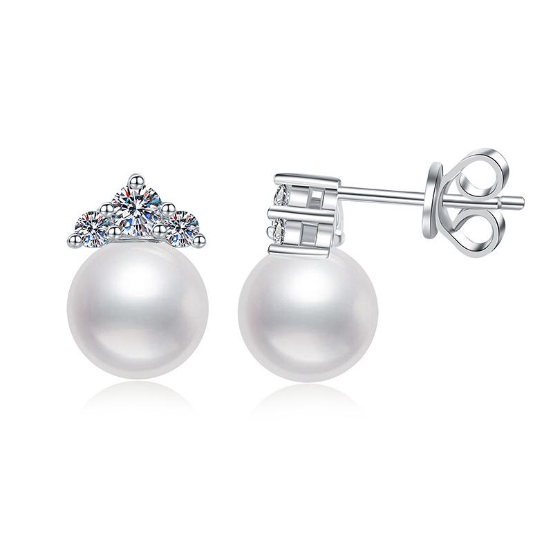 S925 Sterling Silver Earrings, Princess Style Near-Round Freshwater Pearl Studs, Women's Moissanite Earrings, Fashion High-End Stud Earrings