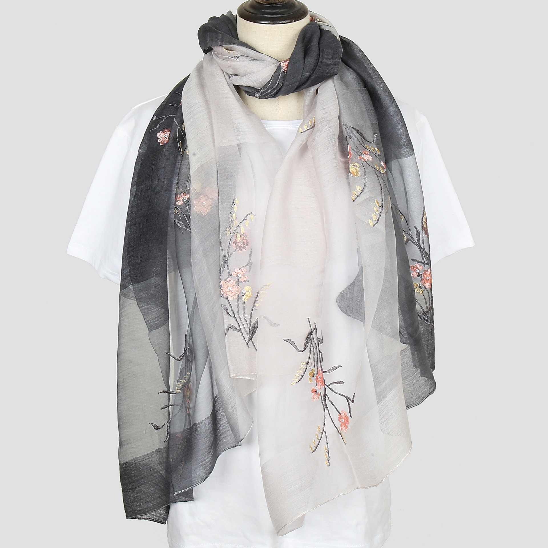 K1008 Women's silk scarf silk wool scarf embroidery embroidery gradient color high-end