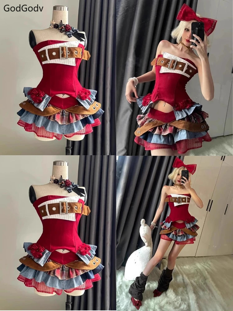 Summer Vintage Elegant Y2K Woman 2 Piece Sets Punk Gothic Strapless Crop Tops High Waist Ruffle Skirt Female Party Outfits 250612