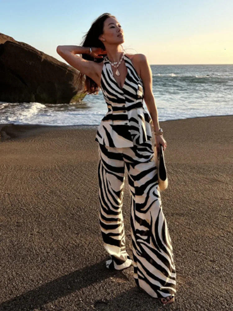 Zebra Print Linen Blend Vest Wide Leg Pants Set Womens Casual Loungewear Summer Outfit Comfortable Loose Fit 2 Piece Outfit 250606